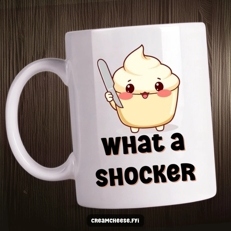 Funny Mug: Surprised cream cheese spread with a tiny knife and open lid, a humorous breakfast item.