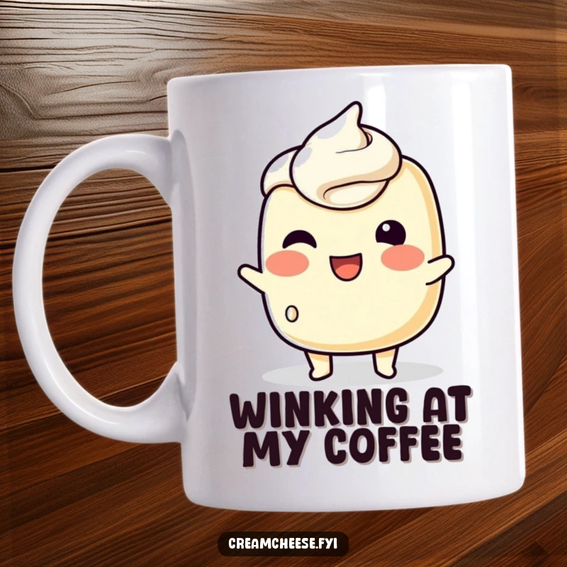 Funny Mug showing a playful cream cheese character trying to wink with its spreadable surface, radiating mischievous charm.