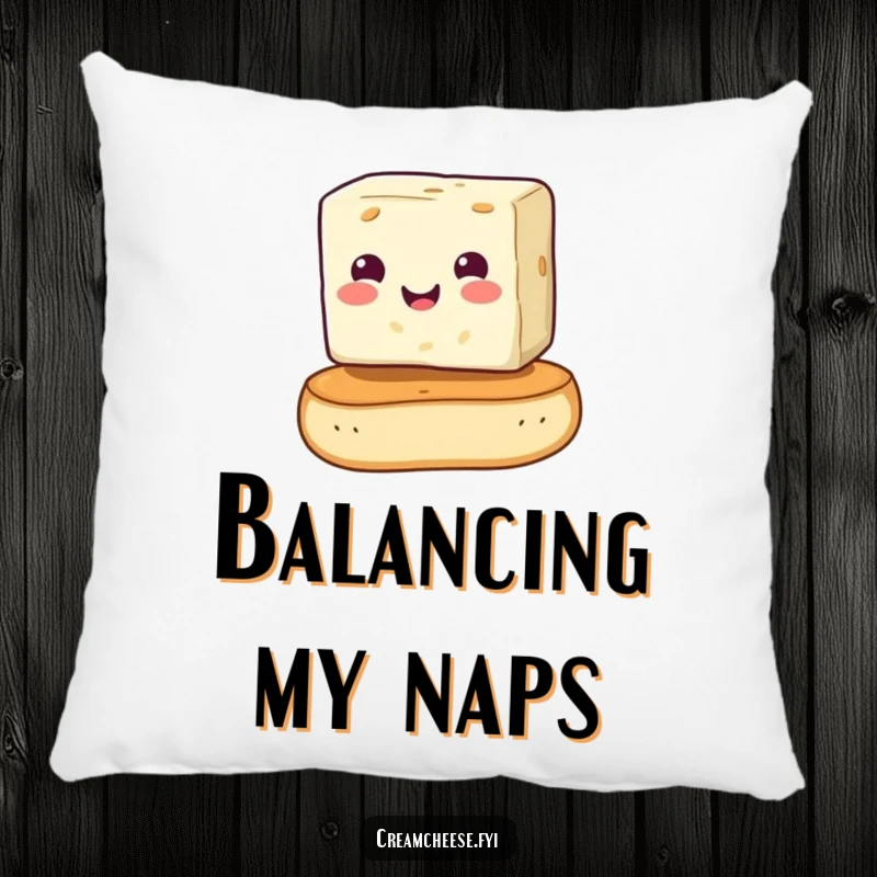 Funny cream cheese cube humorously balanced on a bagel, featured on a soft pillow. A charming and funny decorative accent for a funny gift.