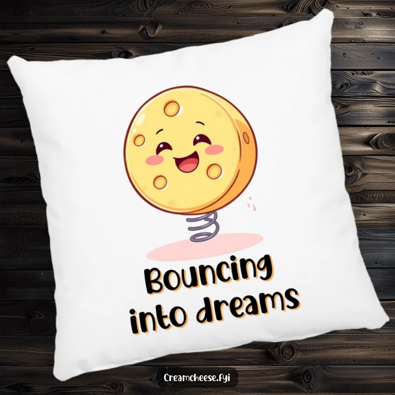 Funny cheese pillow design of a smiling wheel of cheese joyfully bouncing on a spring, providing comfort and humor.