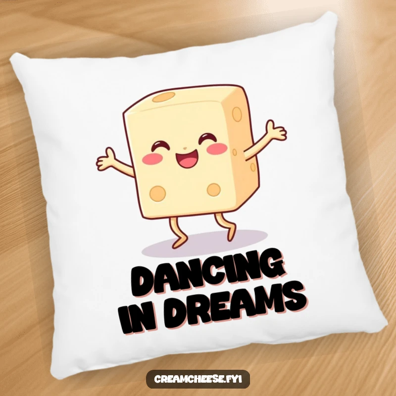 Funny happy cream cheese block with legs doing a joyful dance, printed on a soft pillow, adding food humor.