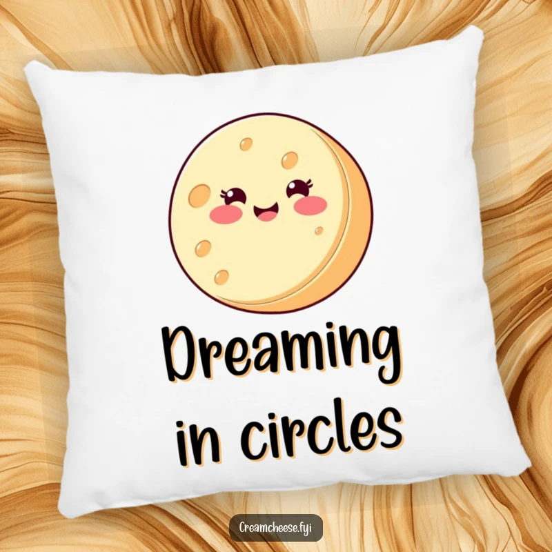 Funny Pillow: A smiling round cream cheese wheel spins joyfully on its side, adding a touch of cheesy, whimsical comfort.