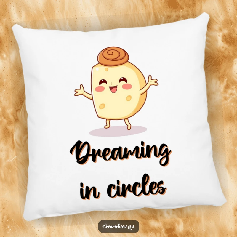 Funny cream cheese wheel dancing with a cinnamon swirl hat, depicted on a soft and comfy pillow.
