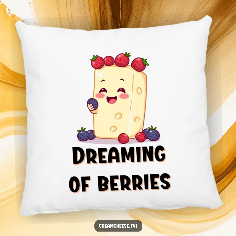 Funny cream cheese character gleefully juggling tiny berries, making this plush pillow a comically joyful decorative item.