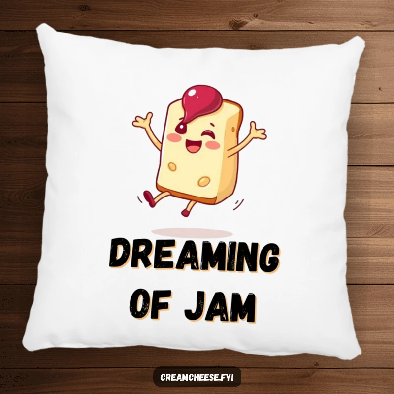 Funny cream cheese slice performing a happy cartwheel with jam, depicted on a soft and comfy pillow.