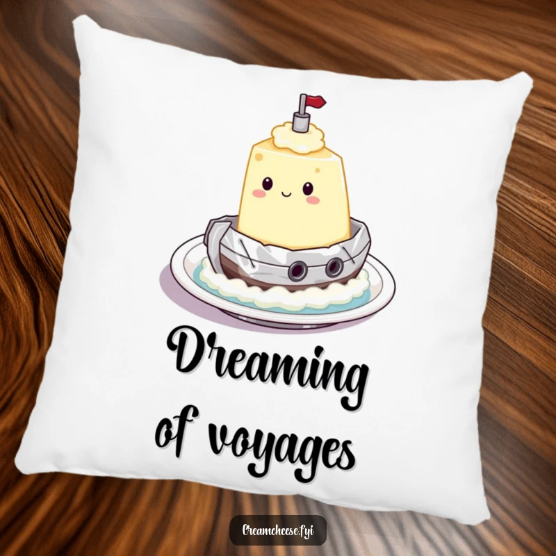 Funny Pillow with a cream cheese character sailing in a foil tugboat on a plate, perfect for cozy, spreadable comfort and adventure.