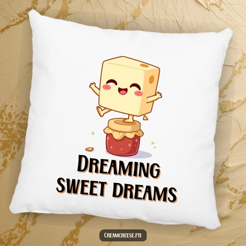 Funny pillow featuring a joyful cream cheese block leaping over a small jam jar, offering cozy relaxation with a side of breakfast cheer.