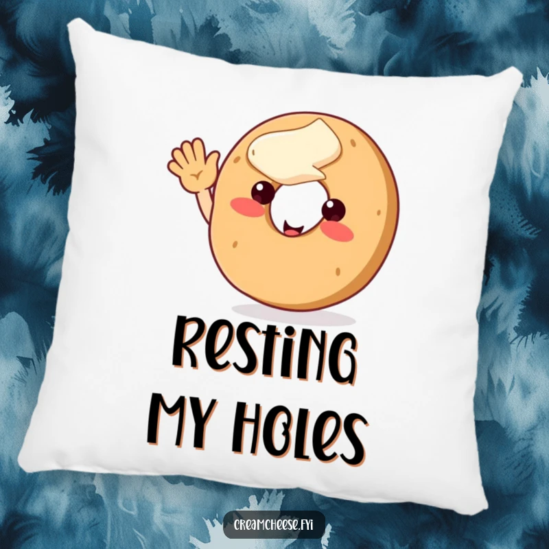 Funny bagel character with cream cheese topping, waving hello adorably, offering comfort and humor as a decorative pillow.