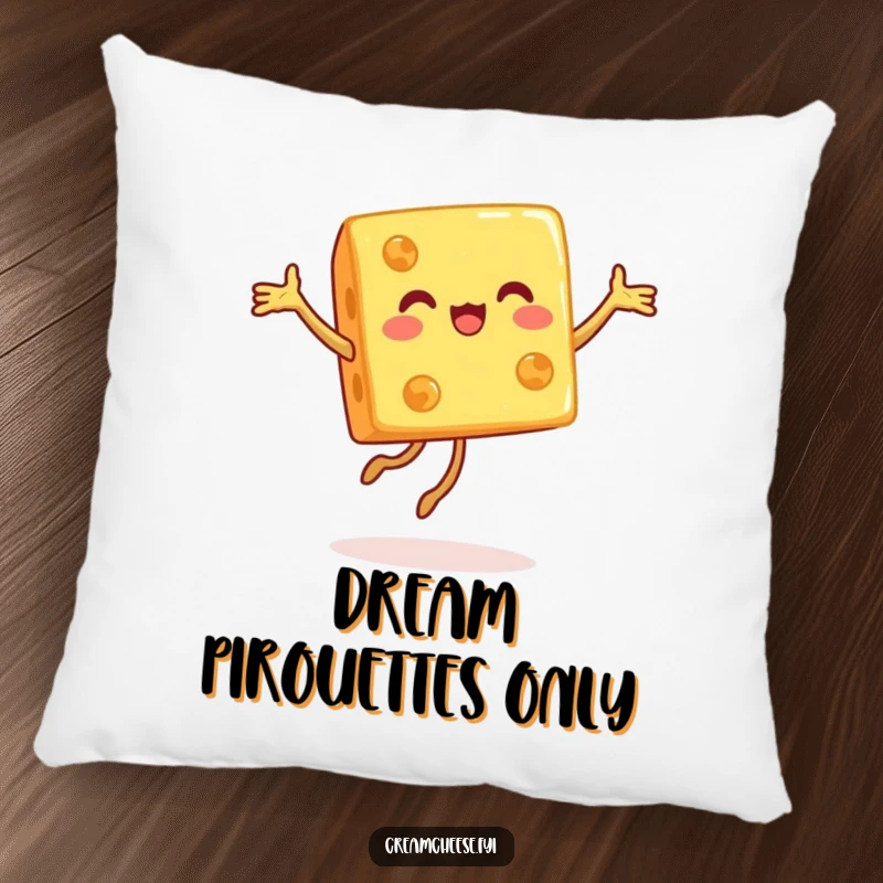 Funny pillow featuring a happy cheese cube performing a joyful pirouette, perfect for adding comfort and humor to any room.