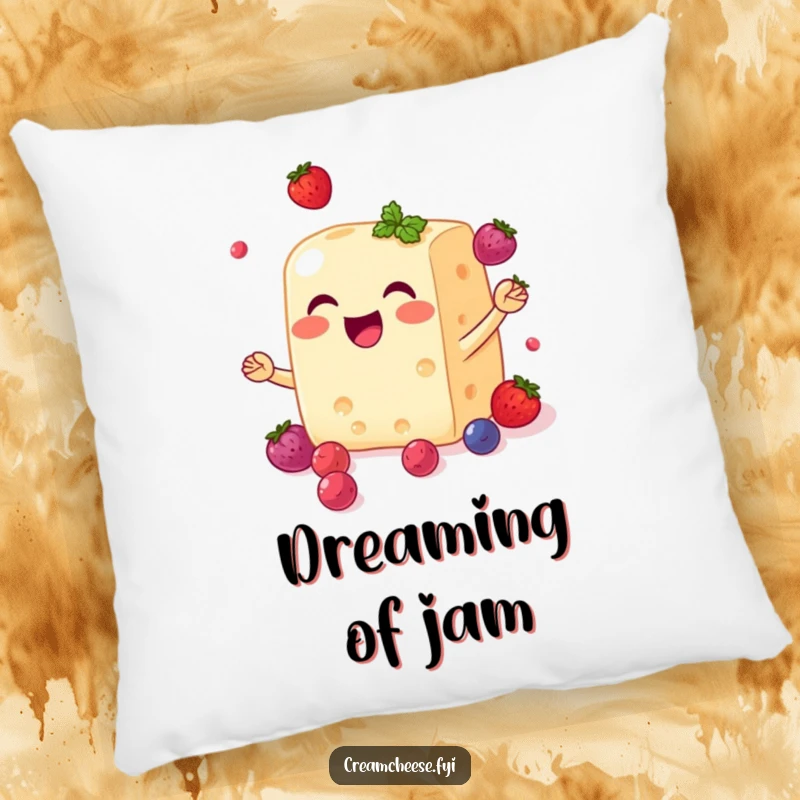Funny cream cheese block pillow with a smiling face, joyfully juggling small, sweet berries, soft and decorative.