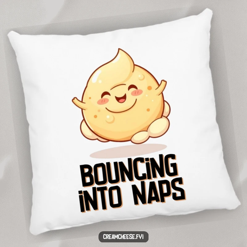 Funny Cream Cheese Blob Bagel Cloud Pillow: A cheerful cream cheese blob happily bounces on a bagel cloud, soft and joyful comfort.