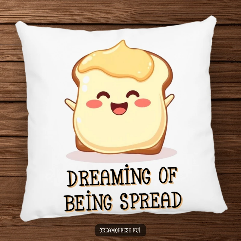 Funny joyful cream cheese blob pillow enthusiastically spreading onto toast, a soft and humorous decorative item.