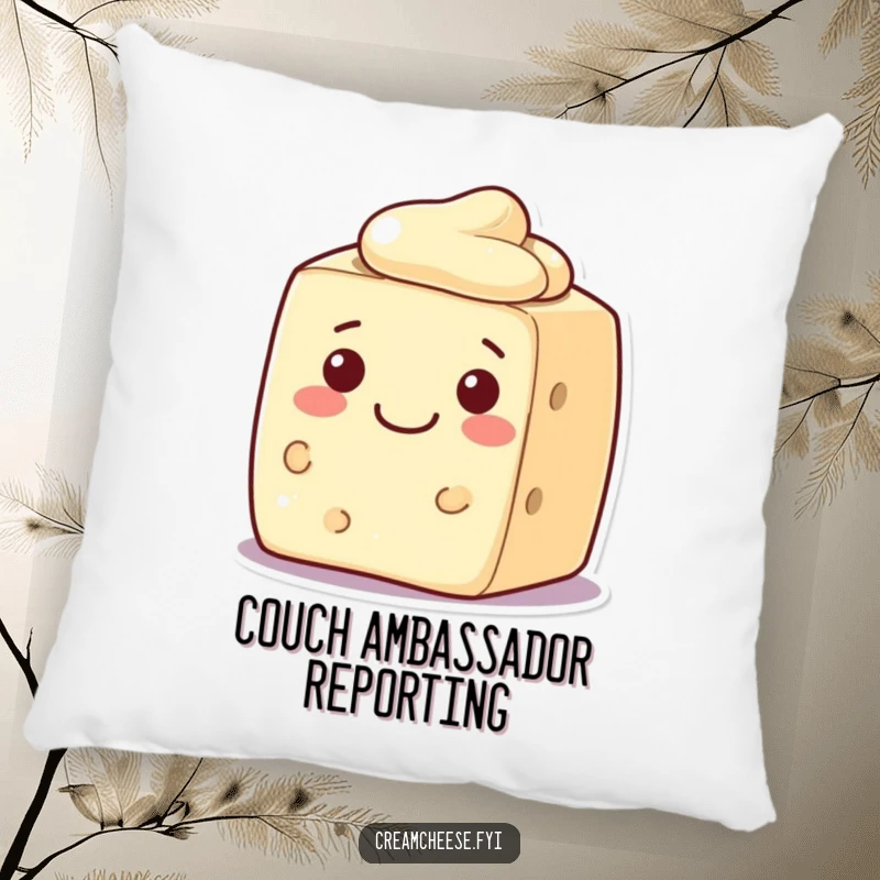 Funny cream cheese block pillow, a character with a warm smile, offering comfort and a friendly presence.