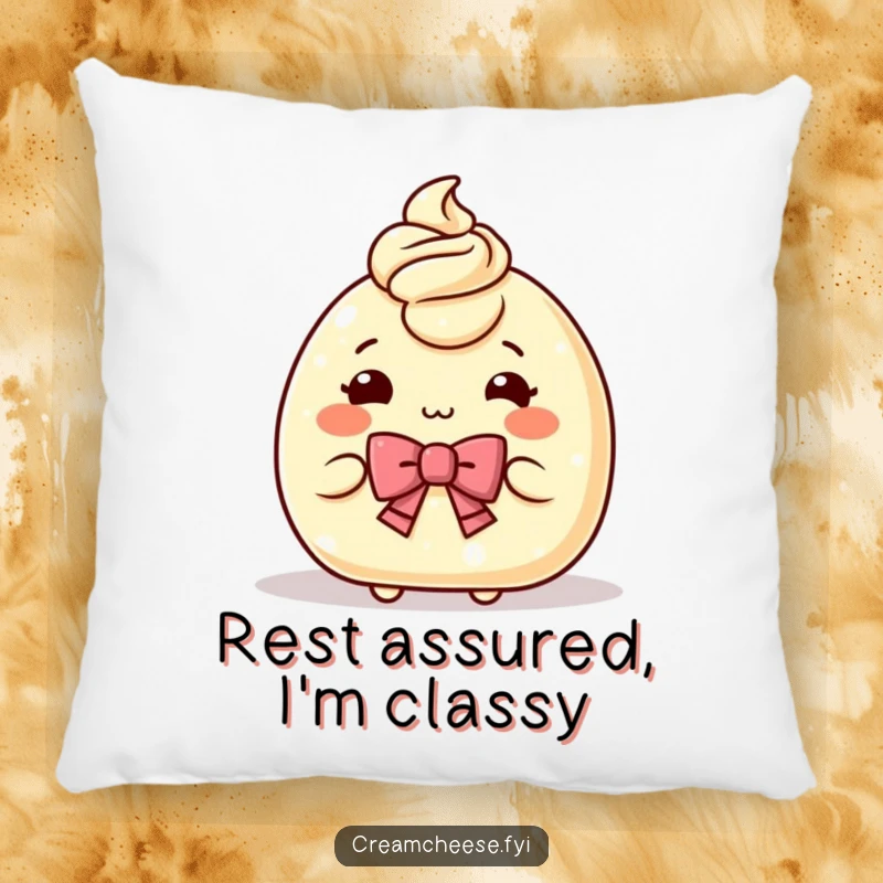 Funny Pillow with a charming cream cheese character in a graceful bow, offering a small serving, perfect for adding spreadable comfort.