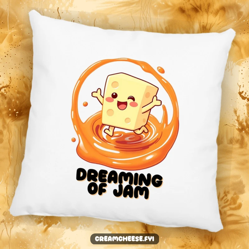 Funny pillow depicting a cream cheese block character mid-leap into a jam swirl, offering comfort and a dose of breakfast humor.