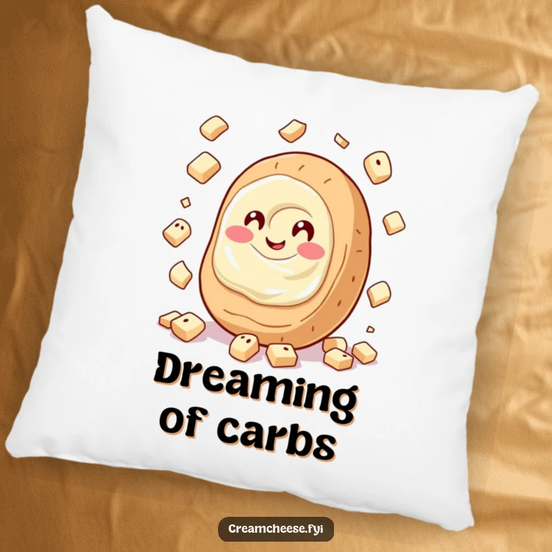 Funny Cream Cheese Pillow featuring a giggling cream cheese spread juggling tiny bagel pieces, offering soft comfort and breakfast-themed humor.