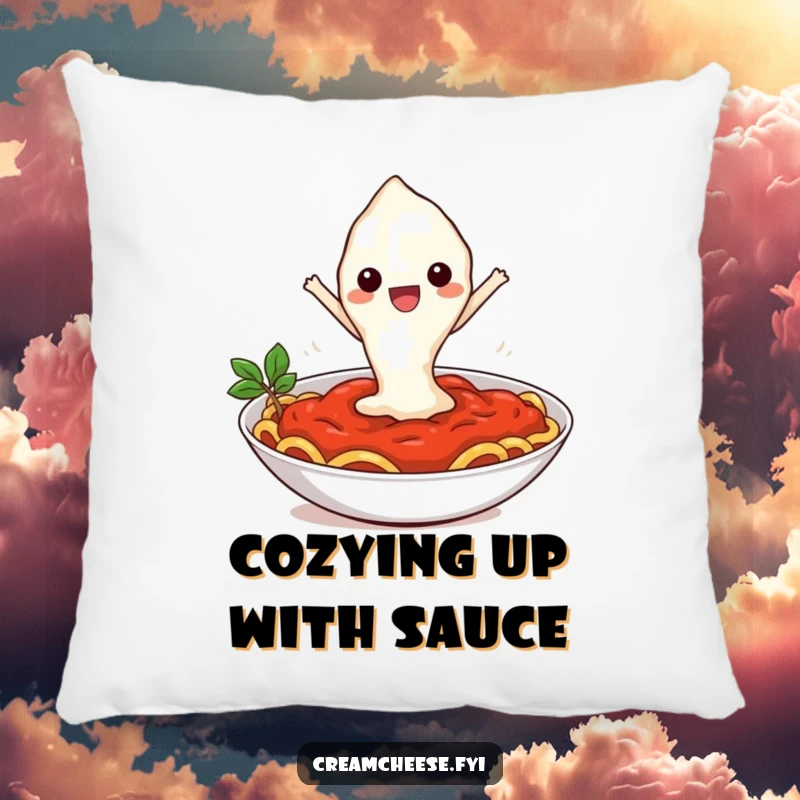 Funny pillow with a cheerful cream cheese dollop mid-leap into a pasta sauce bowl, offering cozy and comical home decor.