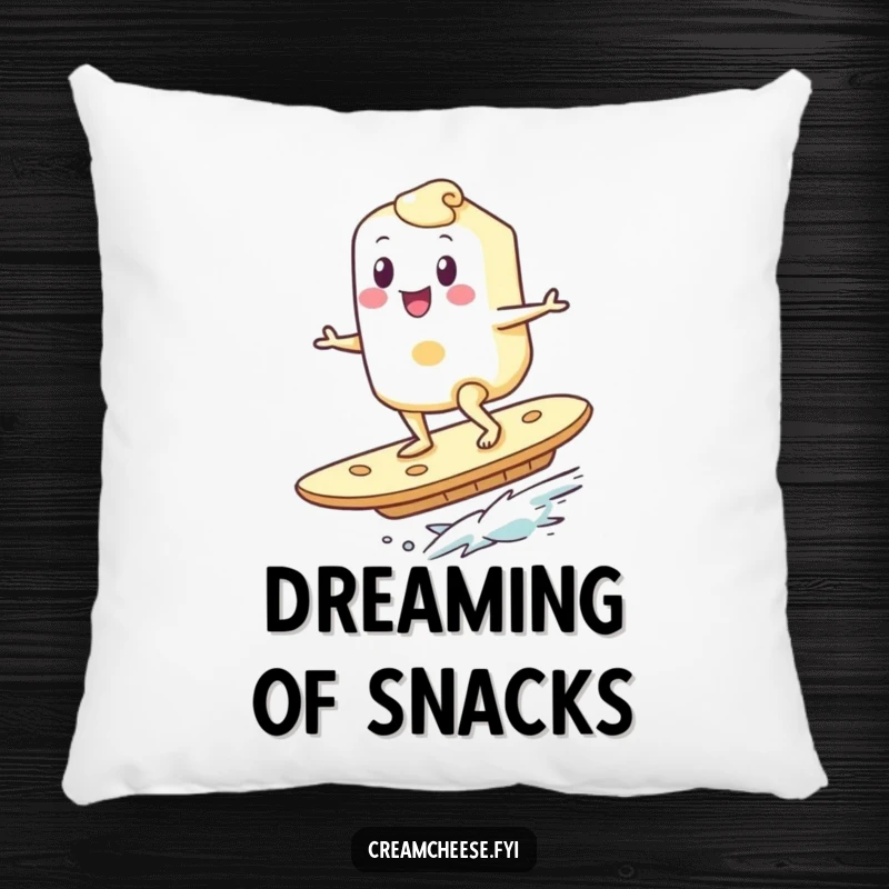 Funny Cream Cheese Pillow: A happy cream cheese character surfs on a giant cracker, adding humor and a breakfast theme to home decor.