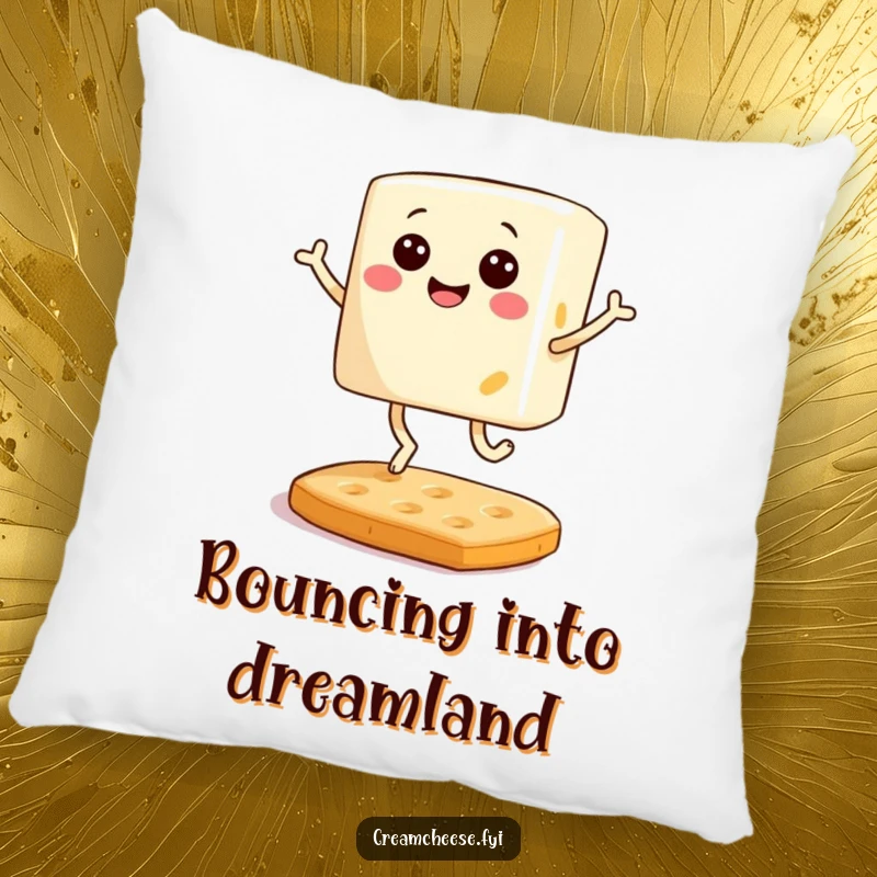 Funny pillow featuring a smiling block of cream cheese with tiny legs joyfully bouncing on a cracker, perfect for cozy and humorous decor.