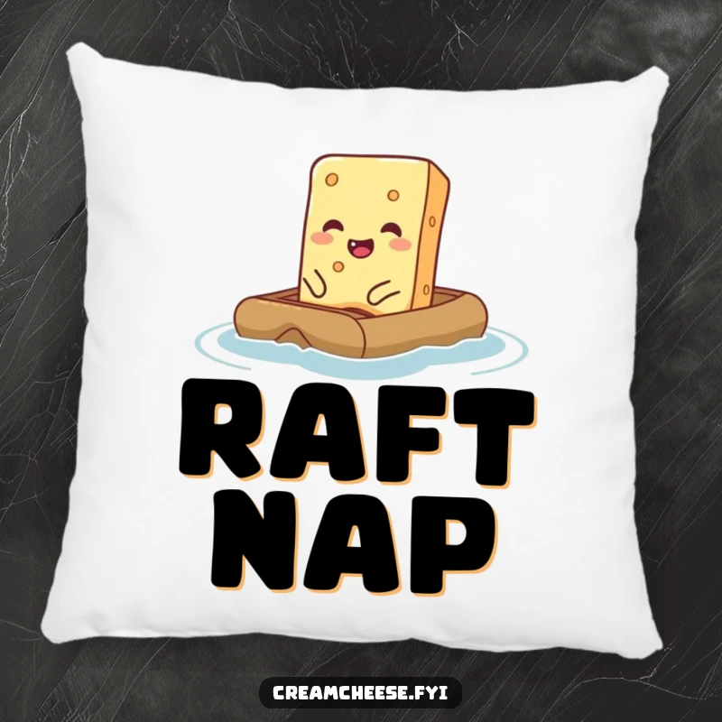 Funny Cream Cheese Pillow showing a giggling cream cheese bar on a tiny raft, a comfortable and humorous decor item.
