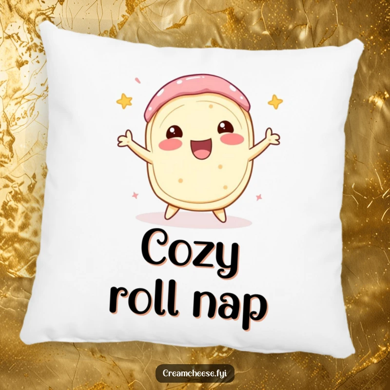 Funny Cream Cheese Pillow featuring a delighted cream cheese roll doing a celebratory spin, offering soft texture and a joyful, humorous design.