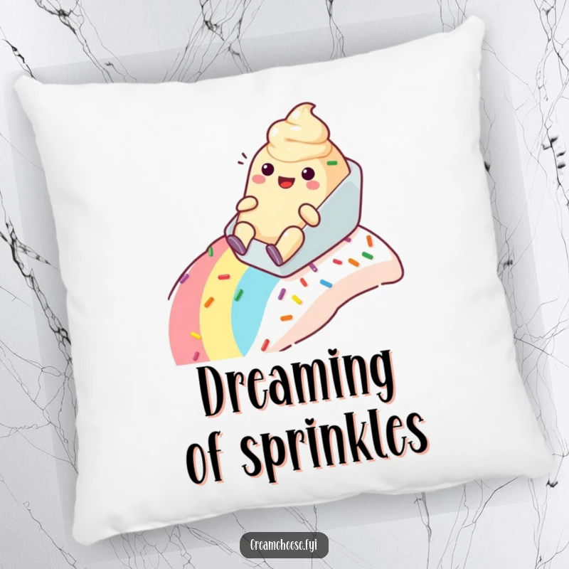 Funny cream cheese tub pillow happily sliding down a rainbow sprinkle slope, soft, decorative, and full of joy.
