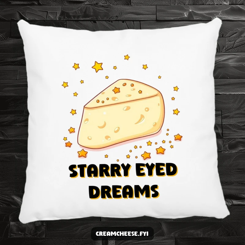 Funny Cream Cheese Stars Pillow: A cream cheese wedge gleefully scatters tiny edible golden stars, soft and magical comfort.