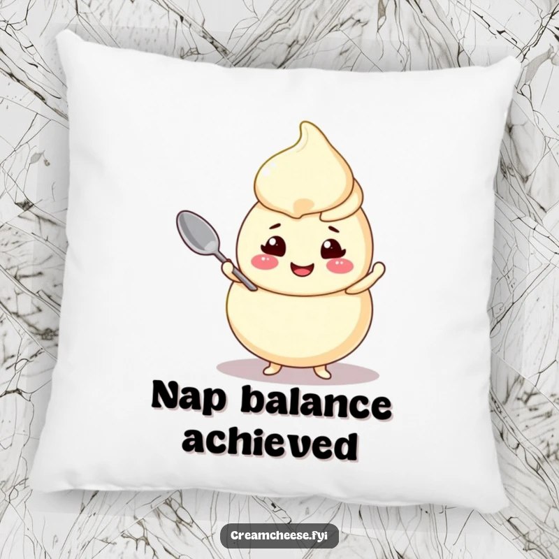 Funny cream cheese swirl pillow, a cheerful character balancing a tiny spoon, providing comfort and playful decor.