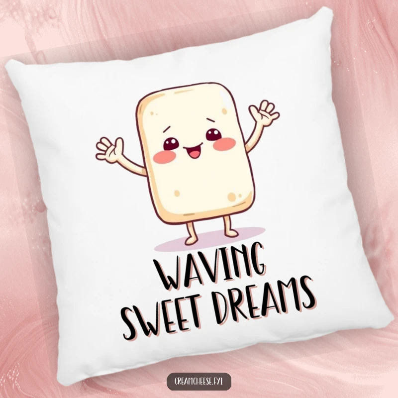 Funny pillow featuring a smiling cream cheese bag character with tiny arms, dancing and waving a friendly greeting, perfect for lounging.
