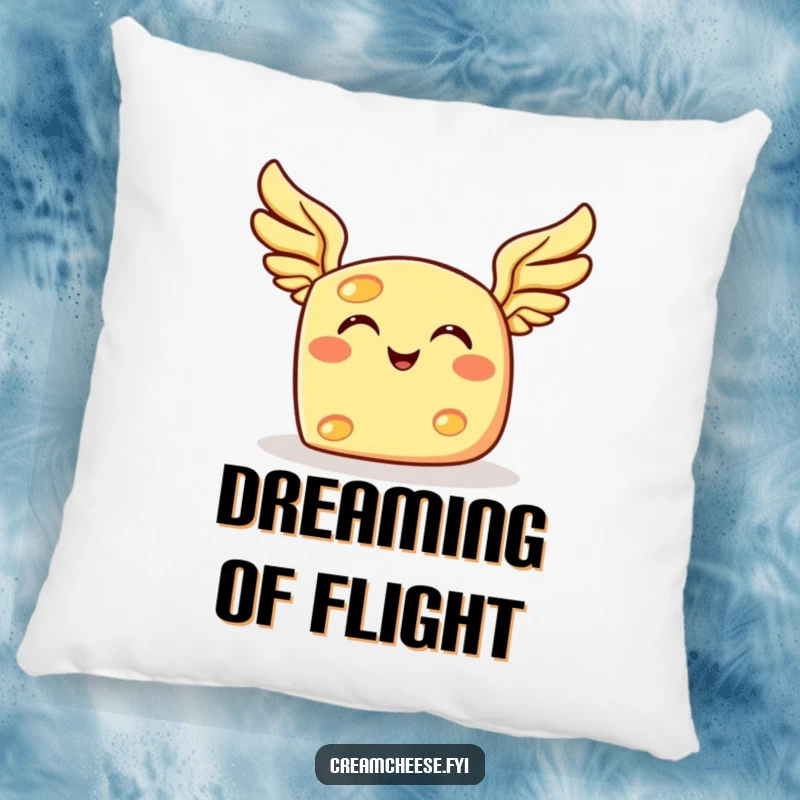 Funny flying cheese pillow, showing a grinning cheese character with tiny wings happily floating in the air.