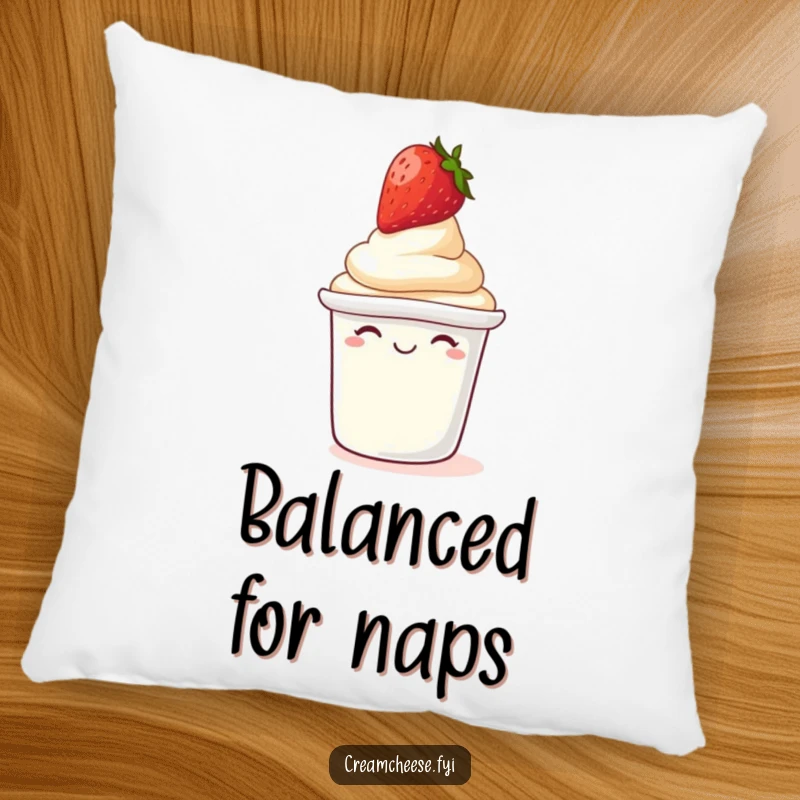 Funny Pillow: Giggling cream cheese tub with strawberry top, comfortable and humorous decor item.