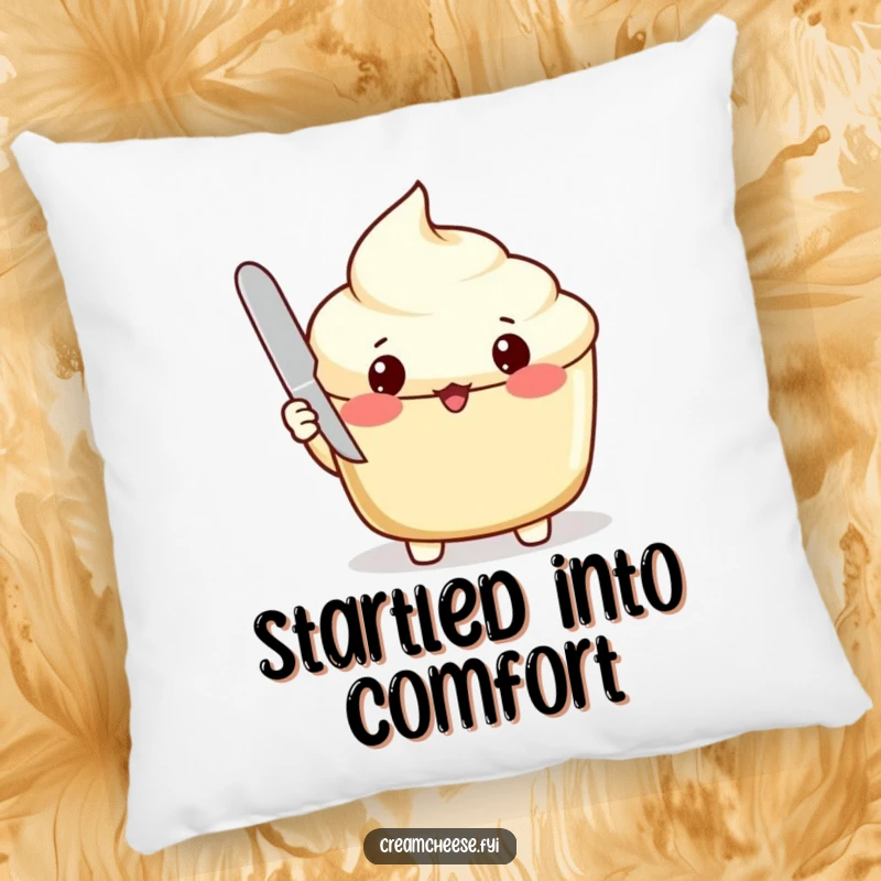 Funny Pillow: Surprised cream cheese spread with a knife and open lid, comfortable decor.