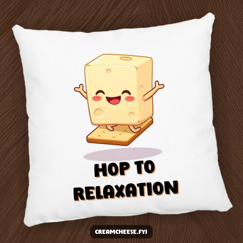 Funny Cream Cheese Hop Pillow: A smiling cream cheese block bounces happily on a cracker, a cushion of pure delight.