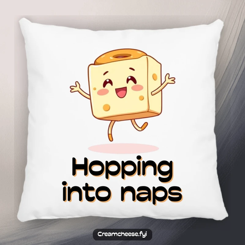 Funny pillow showcasing an energetic cream cheese cube in a playful hop with a bagel, bringing breakfast joy to any room.