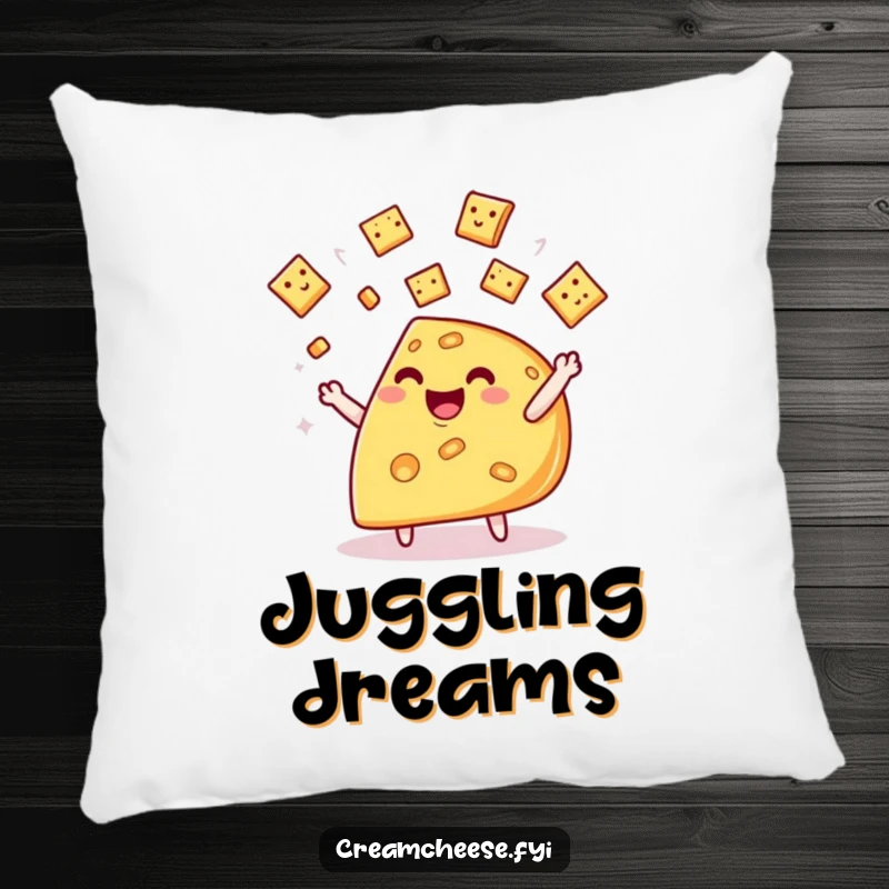 Funny cheese wedge pillow, showing a happy wedge character skillfully juggling miniature crackers with a joyful expression.