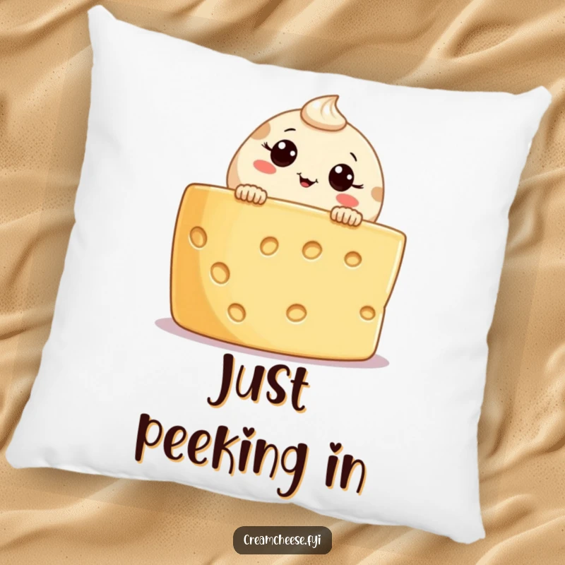Funny cream cheese character pillow, peeking from a cheese board, soft and decorative, perfect funny gift for comfort and laughs.