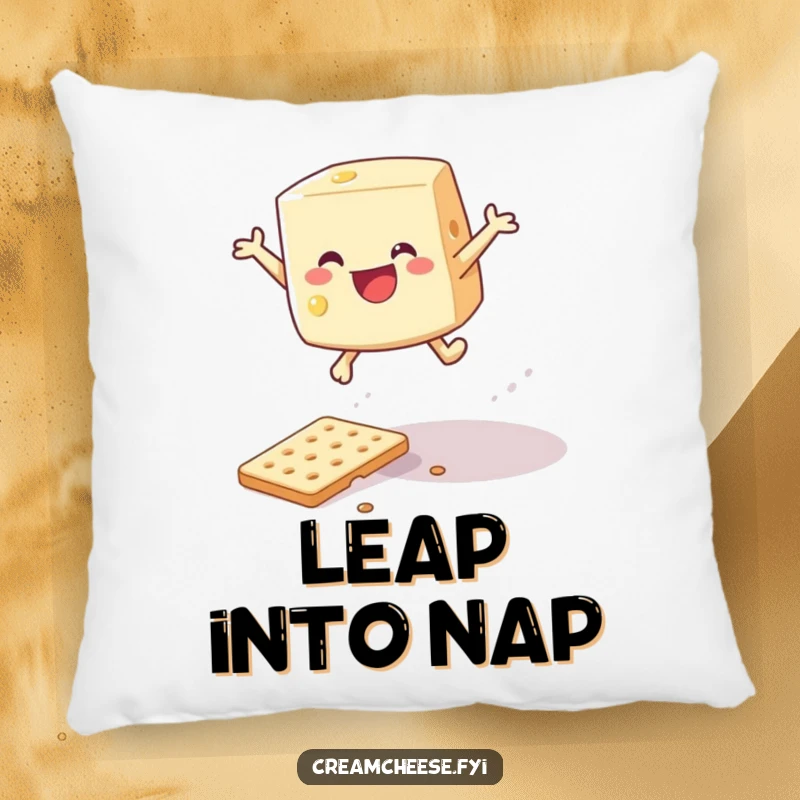 Funny cream cheese wedge leaping over a cracker, depicted on a soft and comfy pillow.