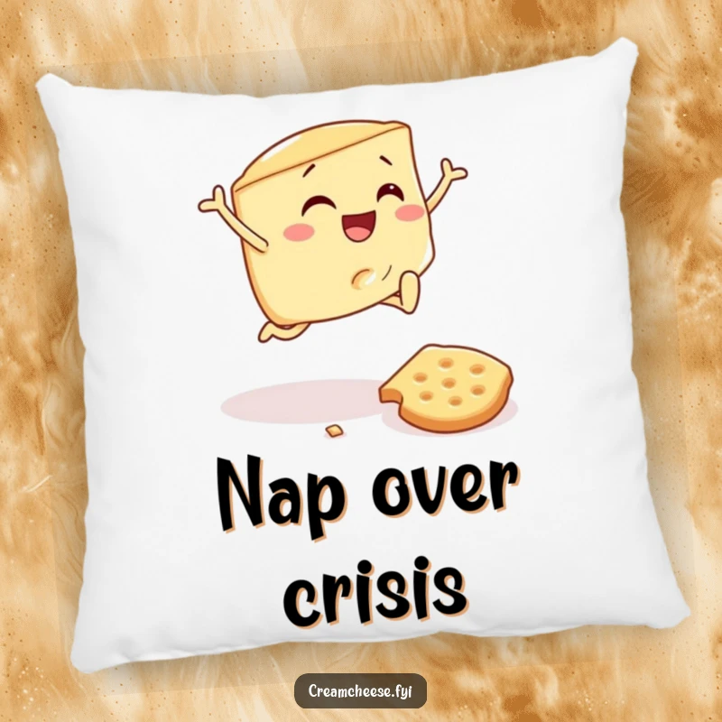 Funny pillow featuring a cream cheese wedge joyfully vaulting over a cracker, designed for cozy comfort and a touch of breakfast humor.