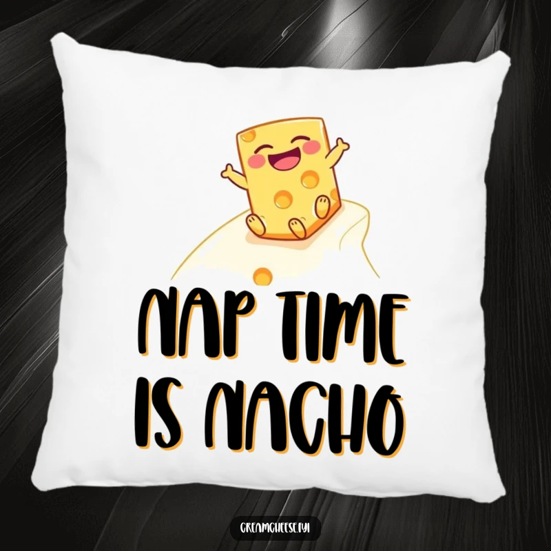 Funny cheese block pillow, showing a happy cheese character gleefully sliding down a smooth, creamy incline.