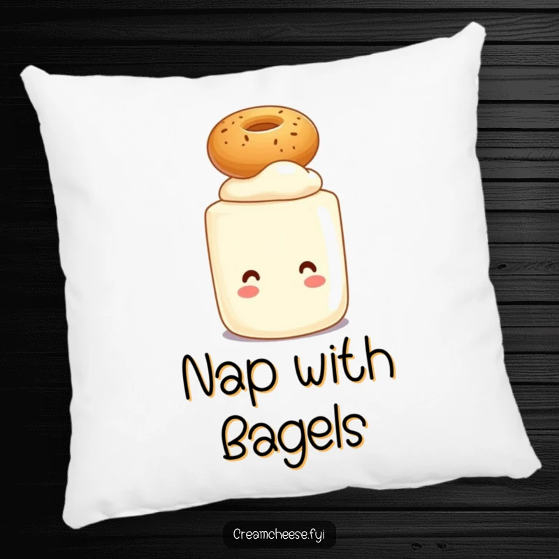 Funny pillow depicting a cream cheese tub character balancing a small bagel on its head, offering comfort and breakfast humor.