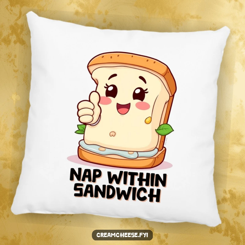 Funny Pillow: Happy cream cheese character giving a thumbs-up from its perch on a deconstructed sandwich.
