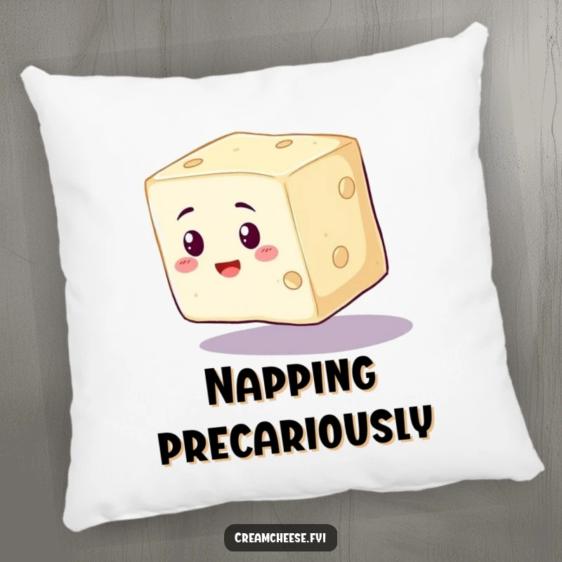 Funny Cream Cheese Pillow showing a wobbly cream cheese cube wobbling precariously, a comfortable and humorous decor item.