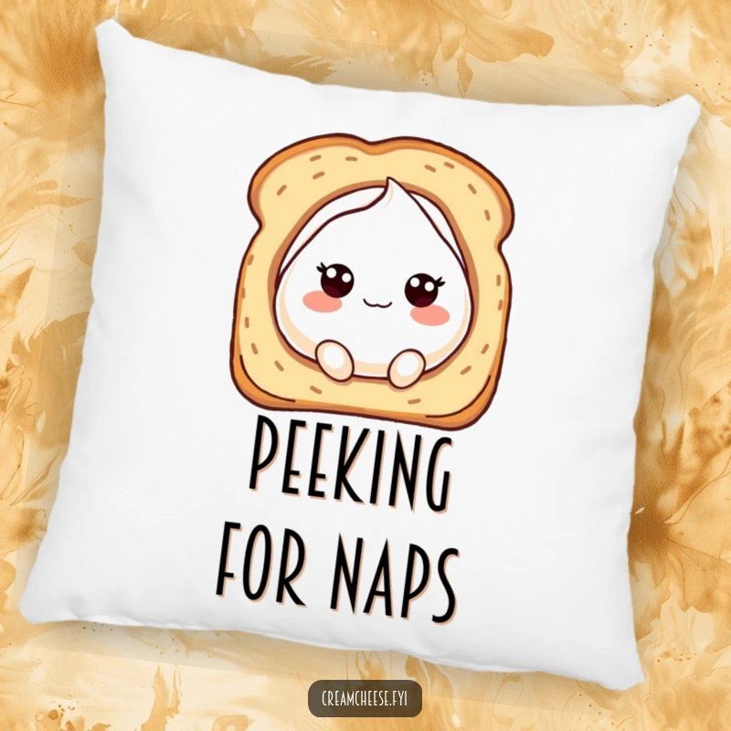 Funny pillow showcasing a bubbly cream cheese character playfully peeking from a toasted bread hole, adding whimsical charm.