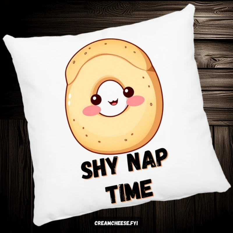 Funny Pillow: A shy wedge of cream cheese with rosy cheeks peeks from behind a bagel, looking endearingly bashful and cute.