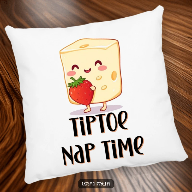 Funny Cream Cheese Pillow featuring a cheerful cream cheese slice tiptoeing with a strawberry, offering soft texture and a cute, humorous design.