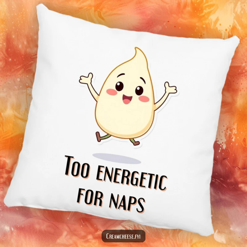 Funny cream cheese dollop pillow, a happy character happily doing jumping jacks, bringing comfort and joy.