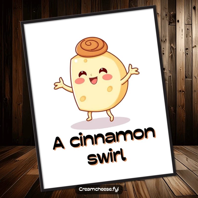 Funny cream cheese wheel doing a little dance wearing a cinnamon swirl hat, rendered as digital art.