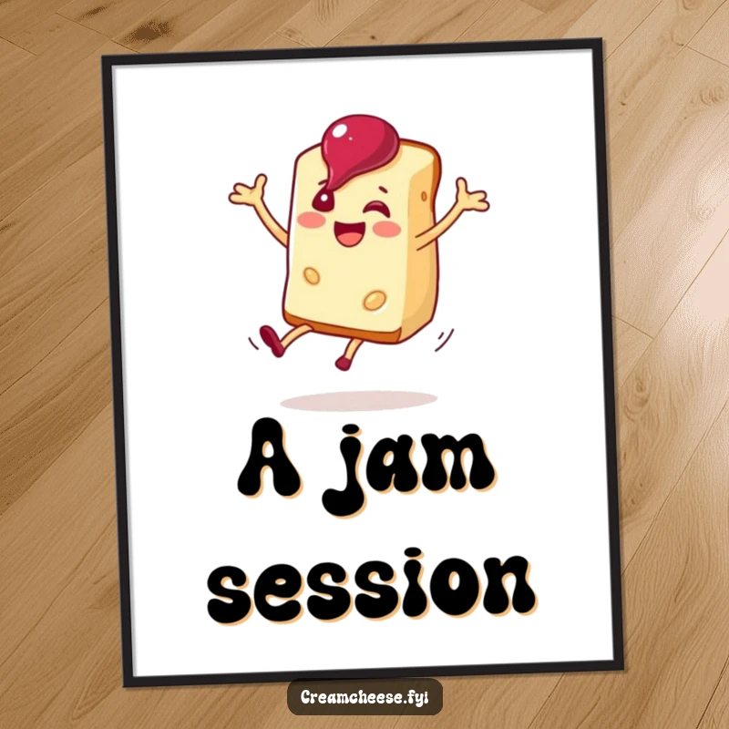 Funny cream cheese slice performing a joyful cartwheel with a dollop of jam, rendered as digital art.