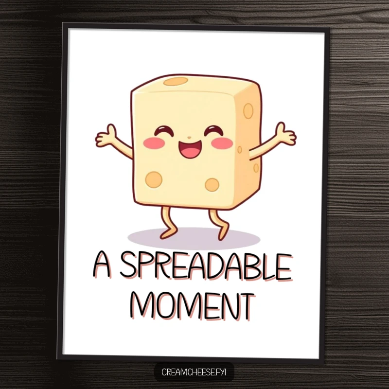 Funny happy cream cheese block with legs doing a joyful dance, as a digital art print, bringing food humor. Instant download.