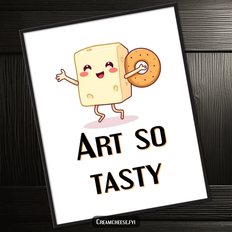 Funny digital art print of a smiling cream cheese block with legs dancing joyfully with a bagel, celebrating the perfect breakfast pairing.